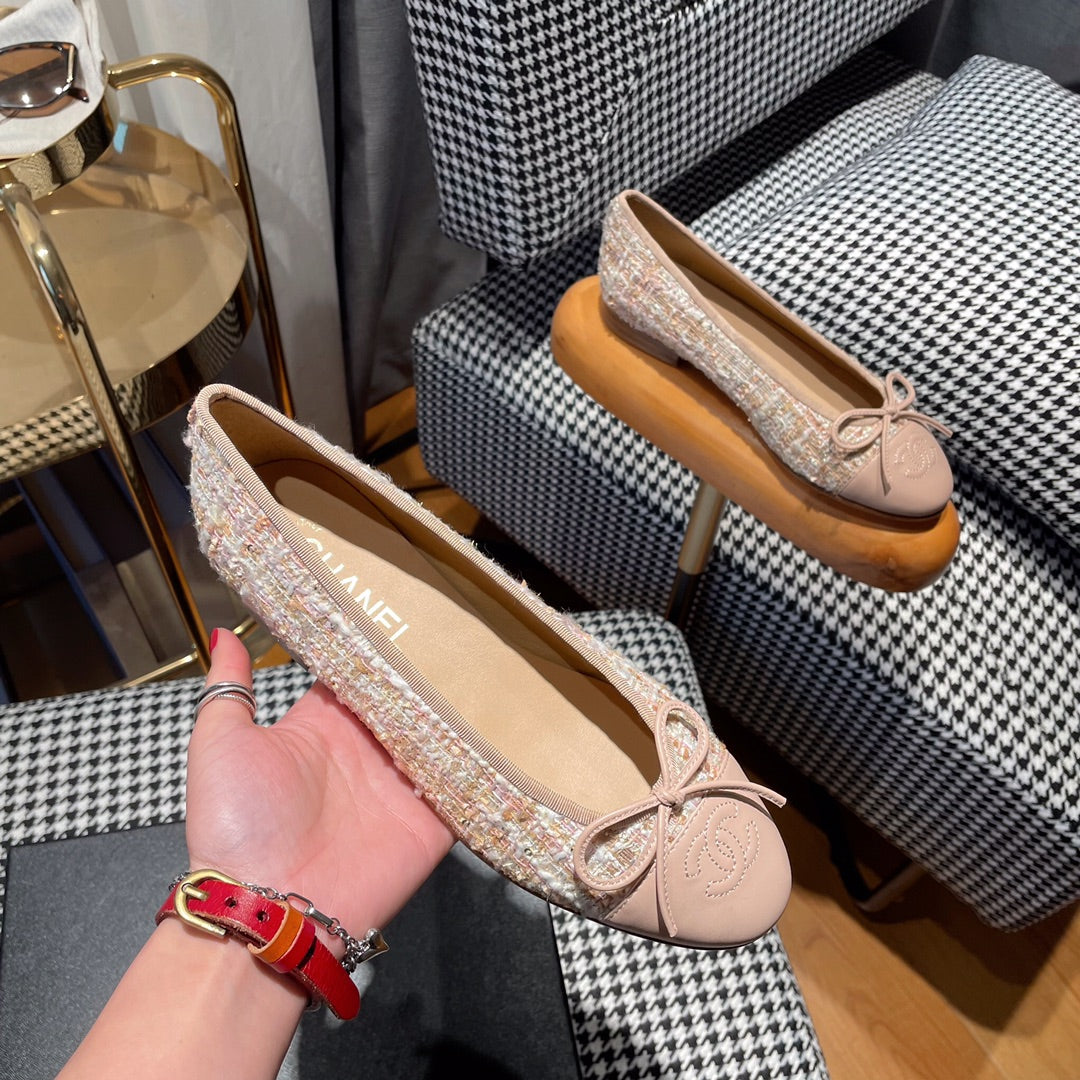 CHANEL ballet flat pink white tweed pink calfskin