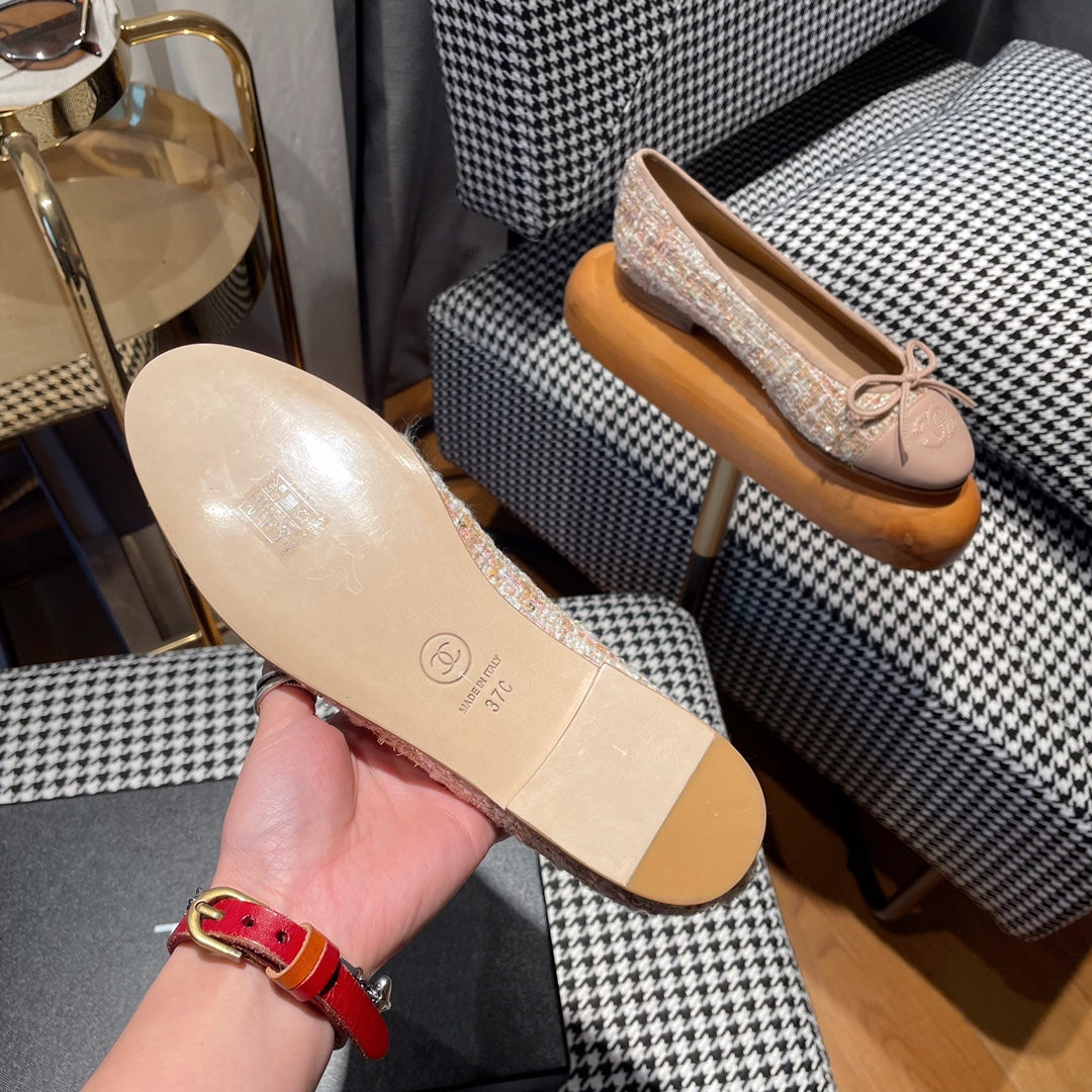 CHANEL ballet flat pink white tweed pink calfskin