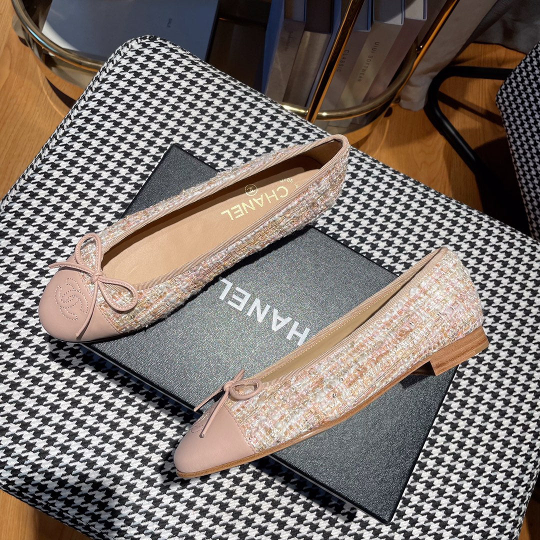 CHANEL ballet flat pink white tweed pink calfskin