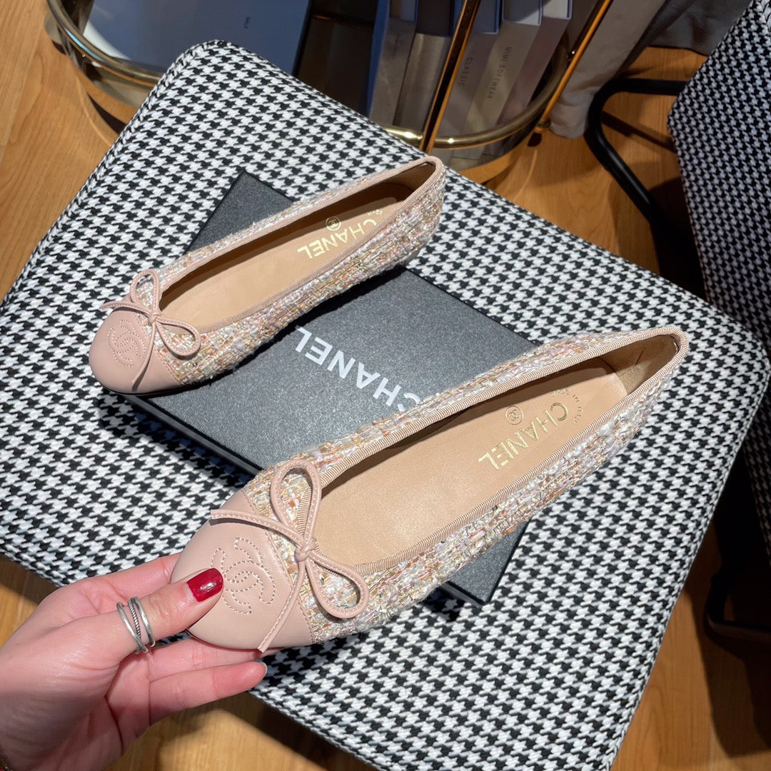 CHANEL ballet flat pink white tweed pink calfskin