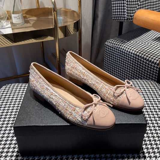 CHANEL ballet flat pink white tweed pink calfskin