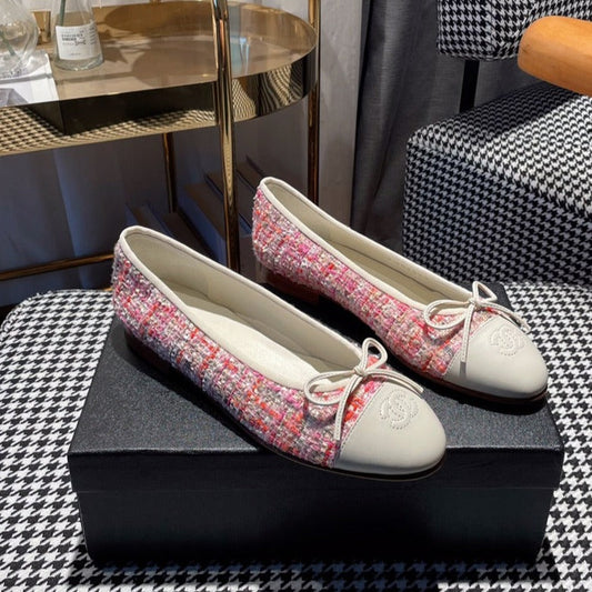 CHANEL ballet flat red pink tweed white calfskin