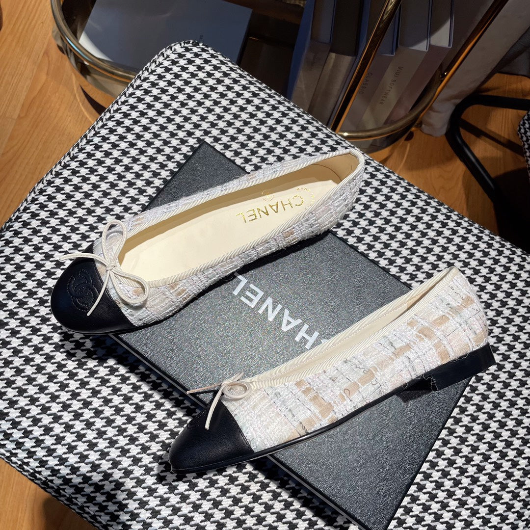 CHANEL ballet flat gold white tweed black calfskin