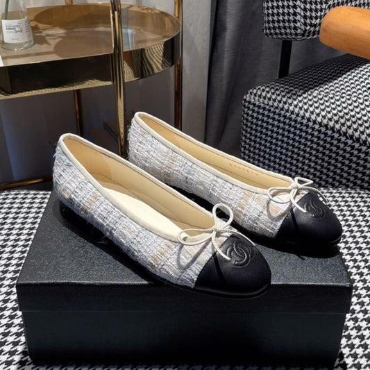 CHANEL ballet flat gold white tweed black calfskin