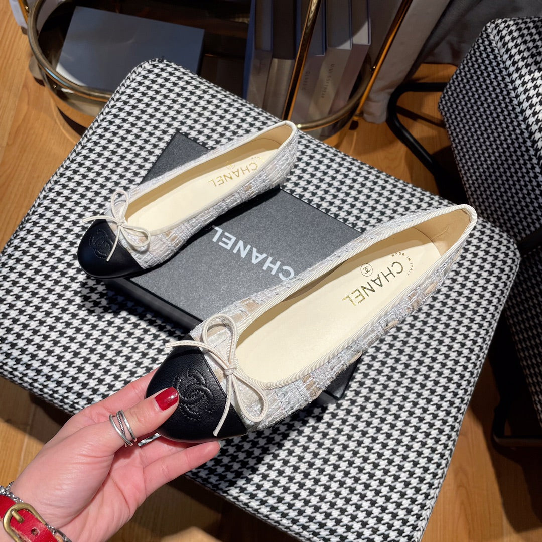 CHANEL ballet flat gold white tweed black calfskin