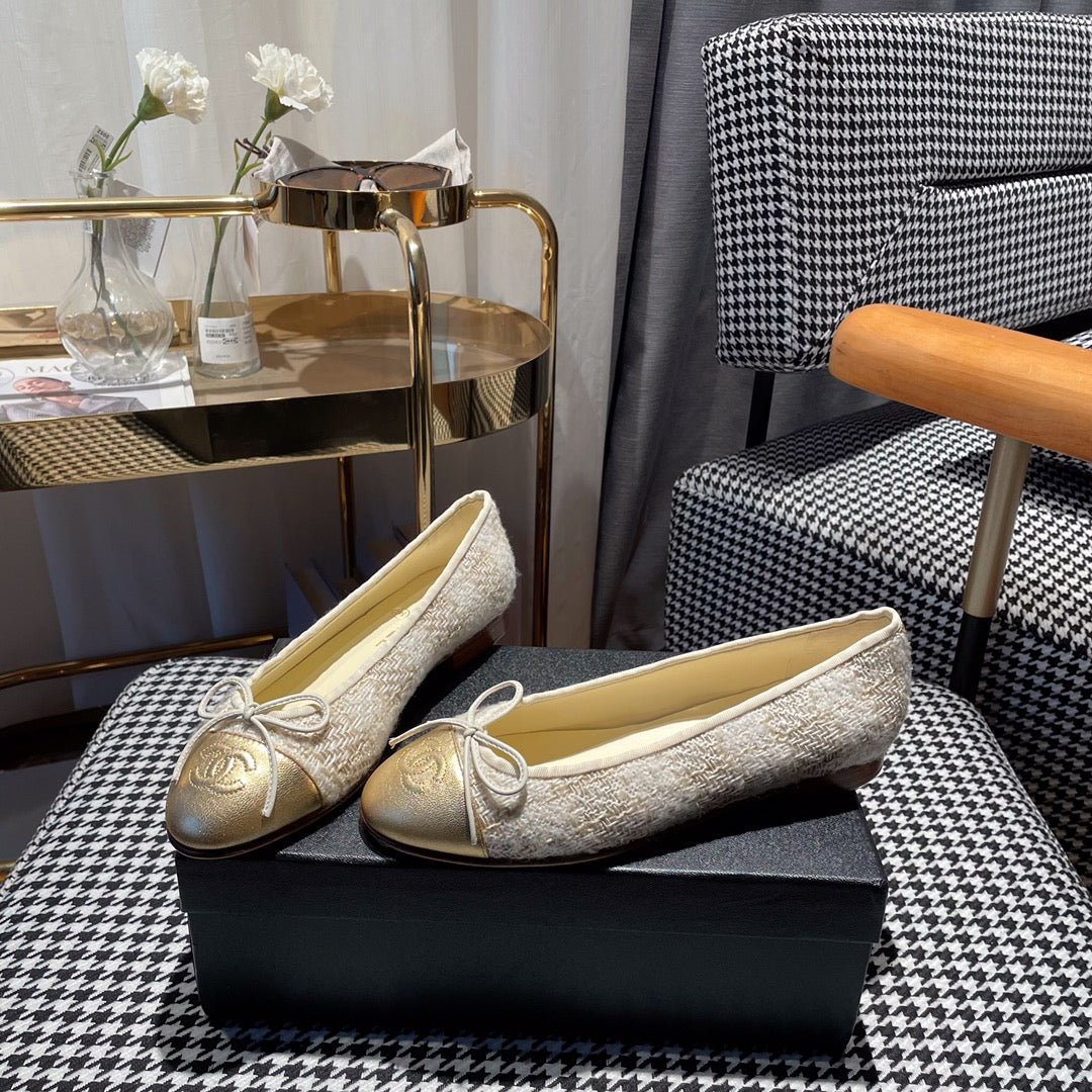 CHANEL ballet flat gold white tweed gold metalic calfskin