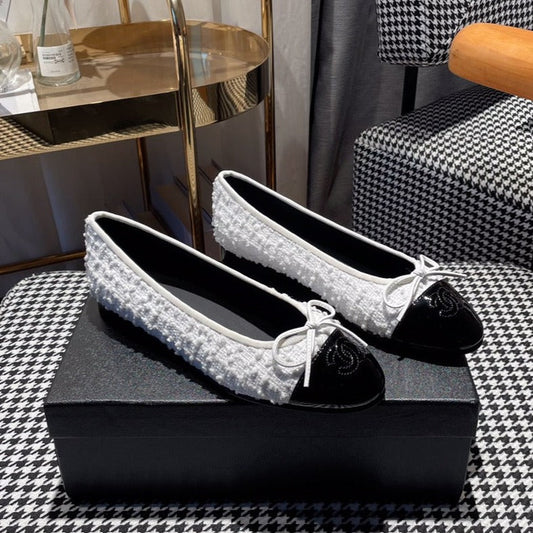 CHANEL ballet flat white tweed black patent calfskin