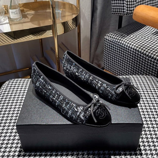 CHANEL ballet flat black white tweed black patent calfskin