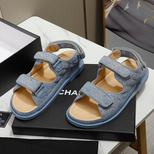 CHANEL 25S Dad Sandal Blue Denim Beige Calfskin