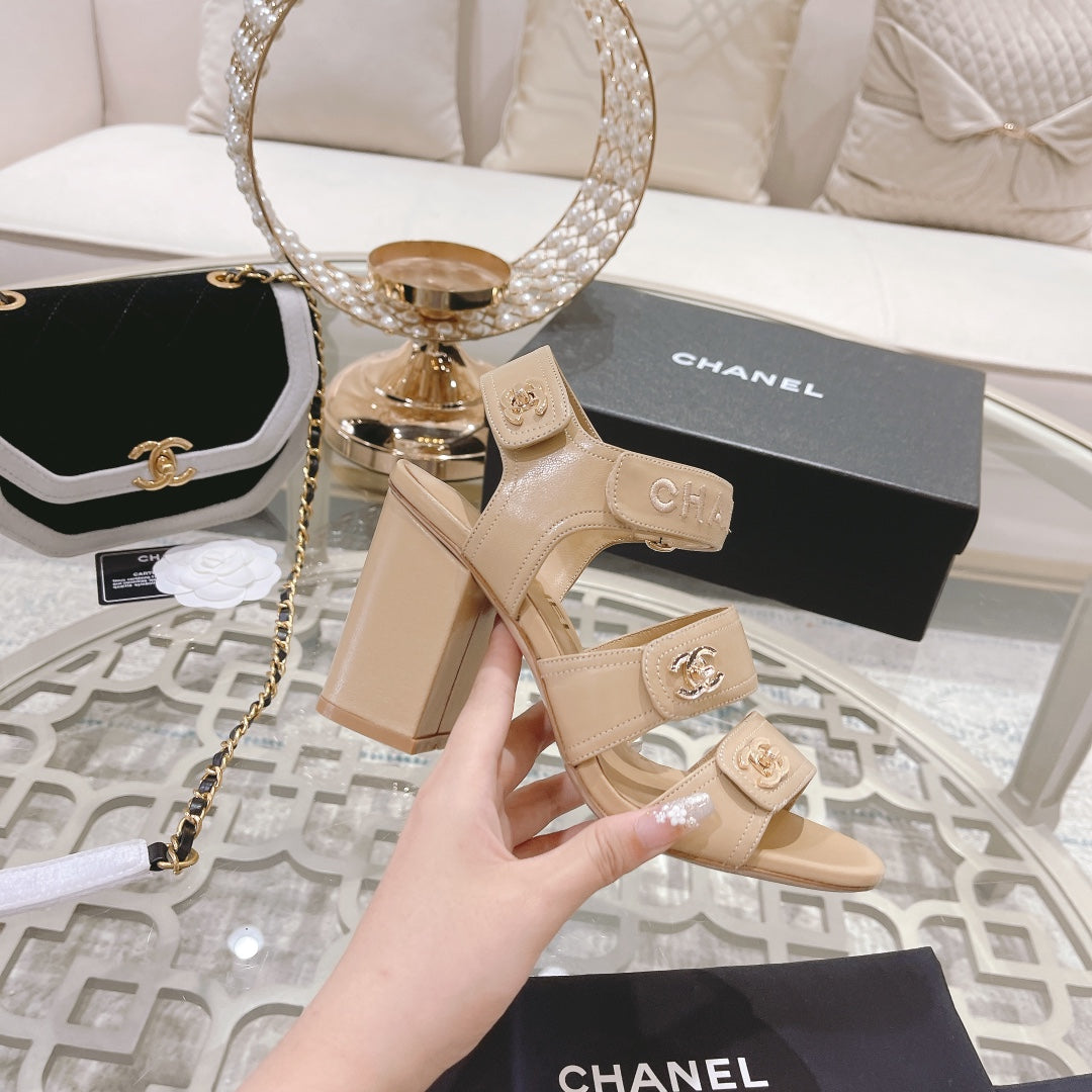 CHANEL 25C Three Strap Sandal High Heel Cream Sheepskin 213349