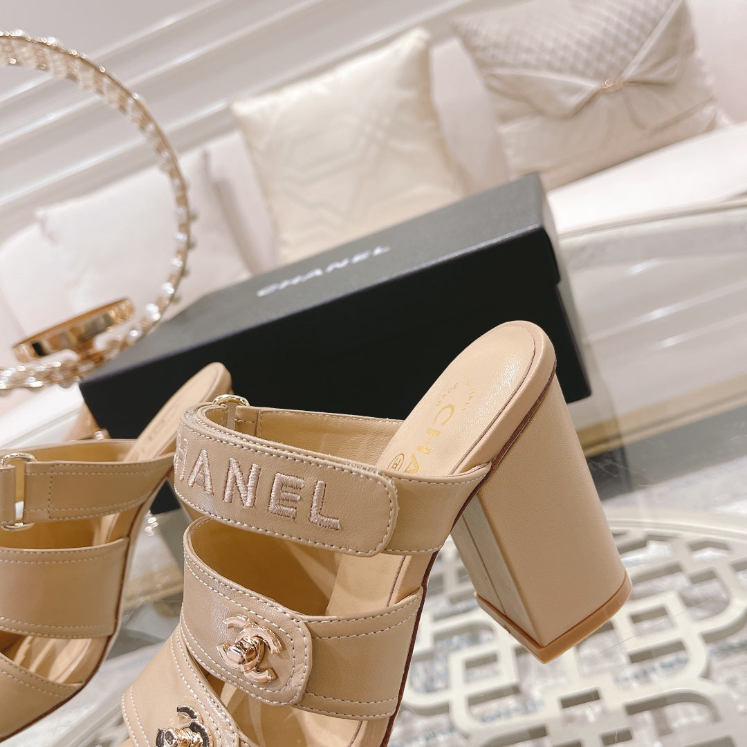 CHANEL 25C Three Strap Sandal Mule High Heel Cream Sheepskin 213347