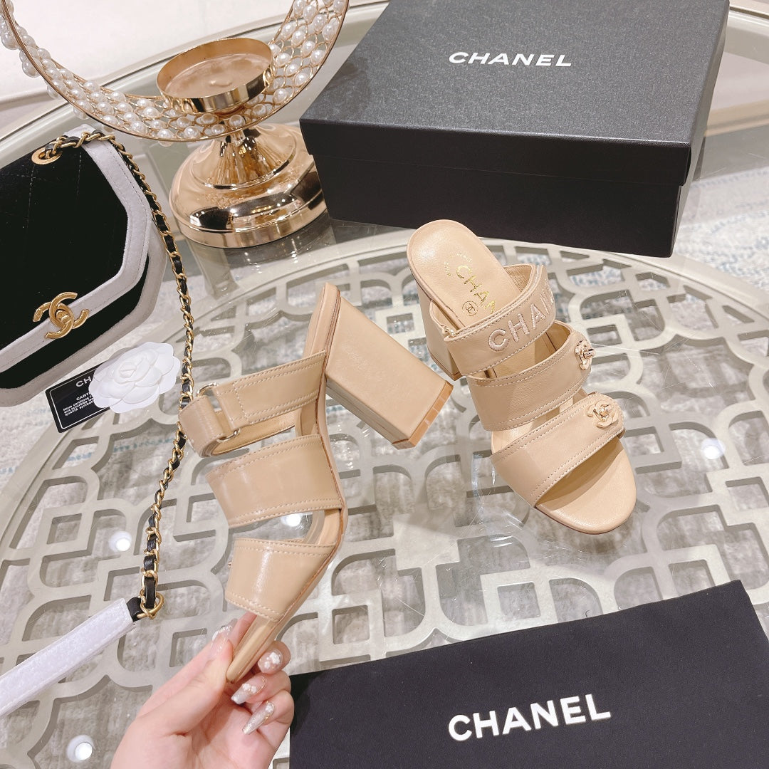 CHANEL 25C Three Strap Sandal Mule High Heel Cream Sheepskin 213347