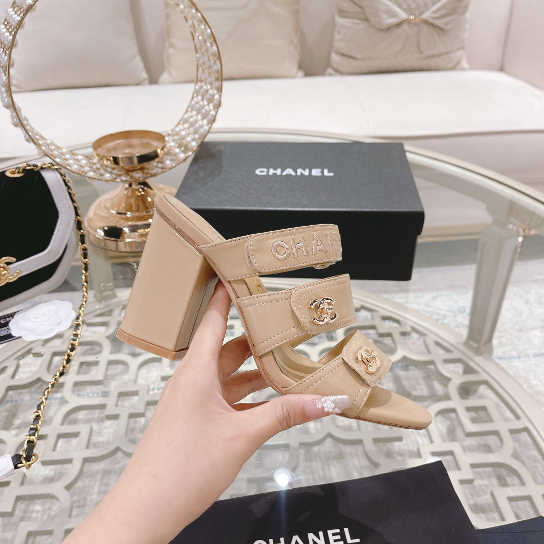 CHANEL 25C Three Strap Sandal Mule High Heel Cream Sheepskin 213347
