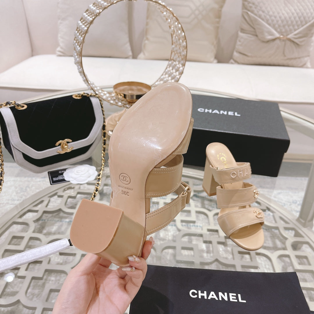 CHANEL 25C Three Strap Sandal Mule High Heel Cream Sheepskin 213347