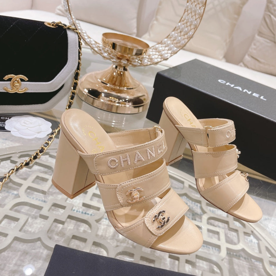 CHANEL 25C Three Strap Sandal Mule High Heel Cream Sheepskin 213347