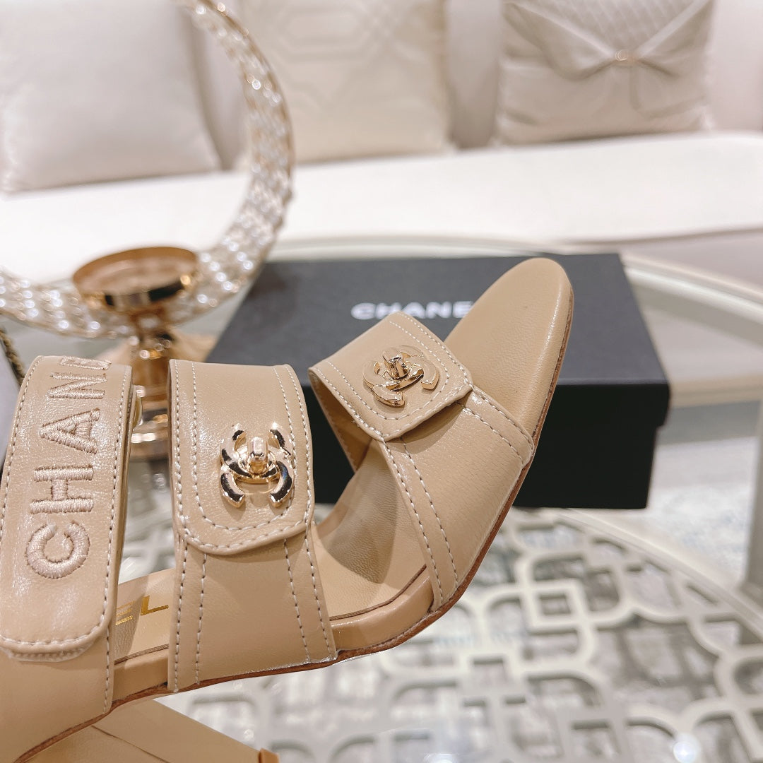 CHANEL 25C Three Strap Sandal Mule High Heel Cream Sheepskin 213347