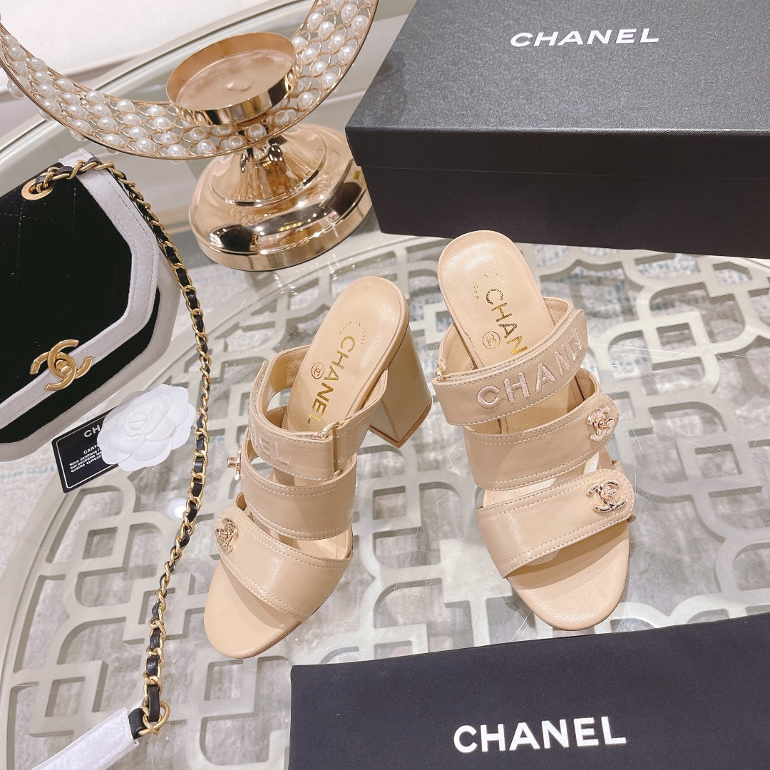 CHANEL 25C Three Strap Sandal Mule High Heel Cream Sheepskin 213347