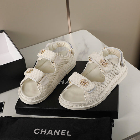 CHANEL 25S Dad Sandal Cream Tweed Calfskin