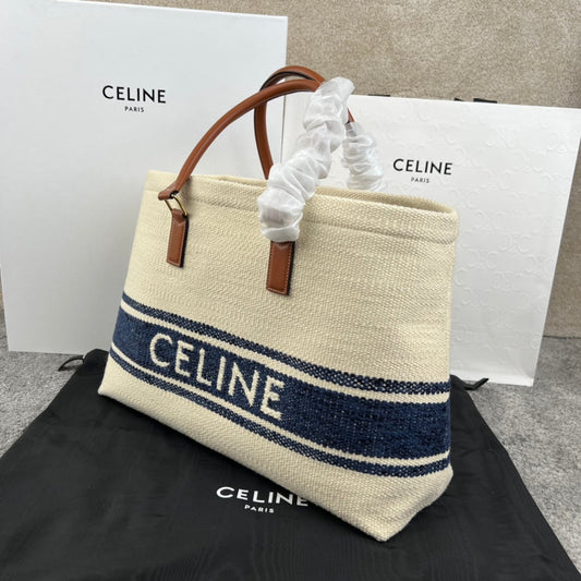 Celine CABAS 44 PRINTED CANVAS WHITE NAVY BLUE TOTE