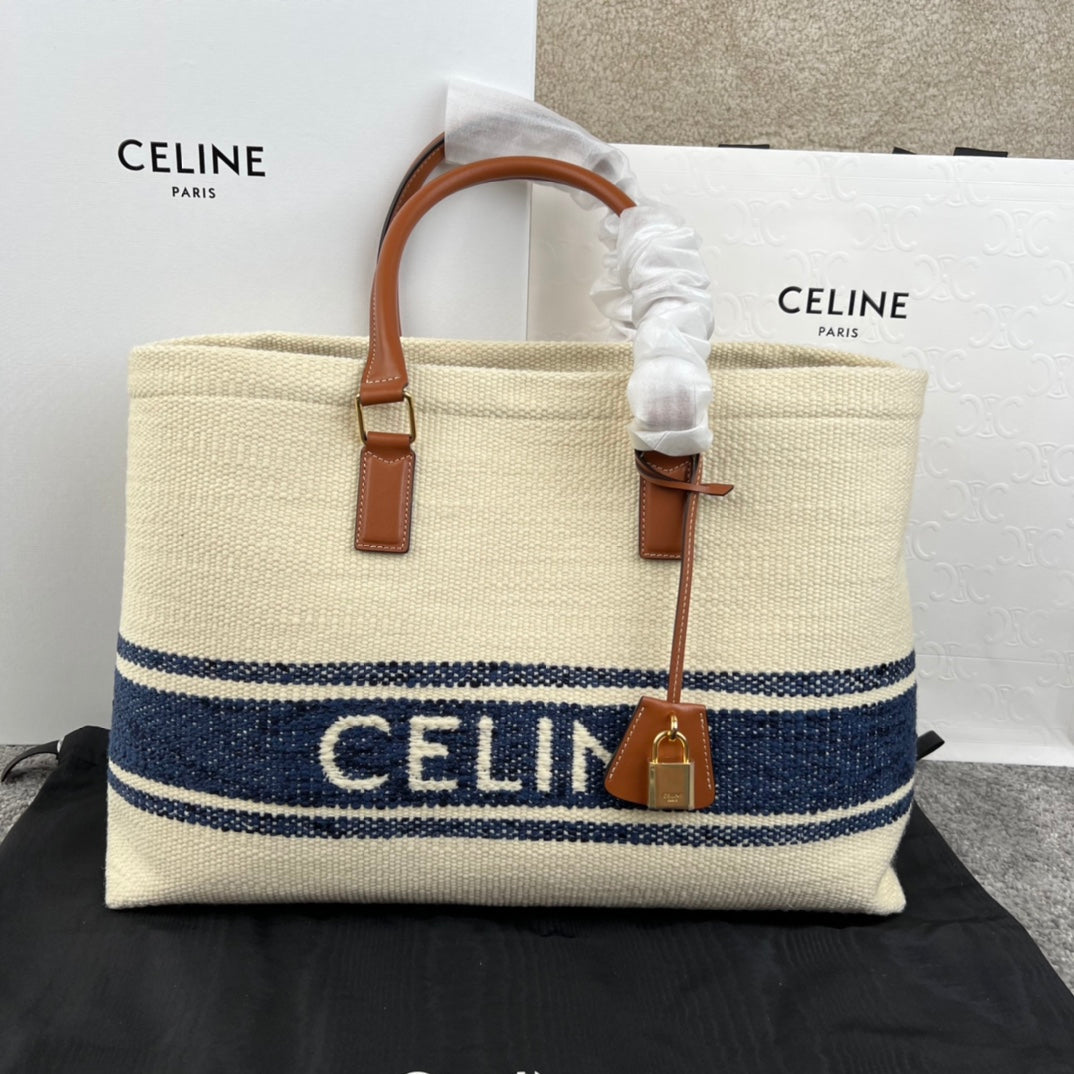 Celine CABAS 44 PRINTED CANVAS WHITE NAVY BLUE TOTE