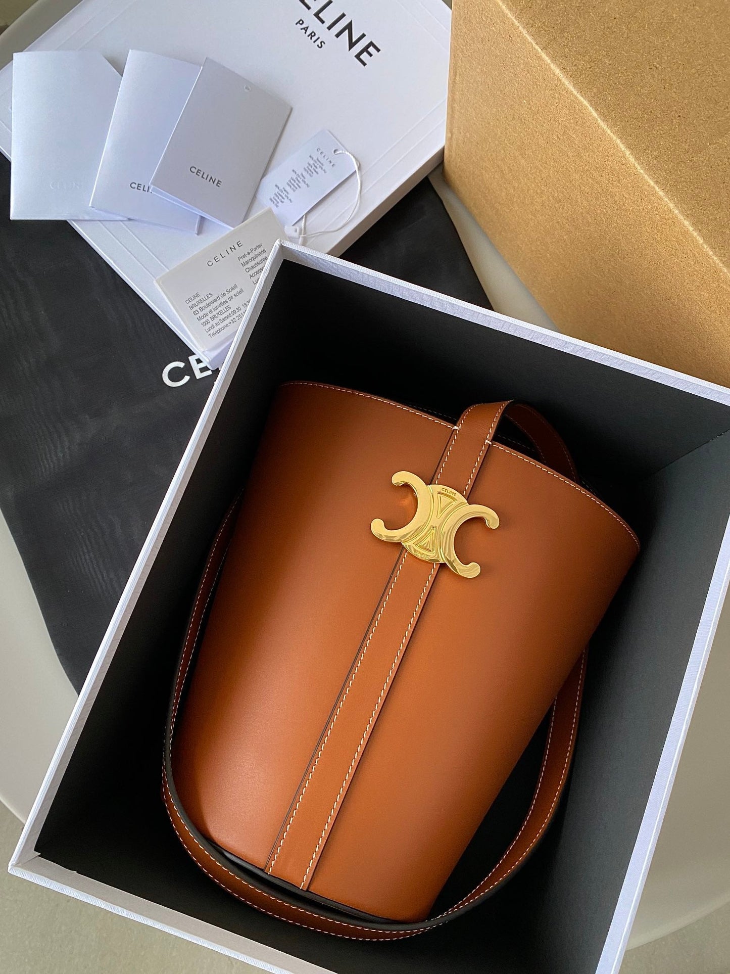 Celine TRIPHOME 25 BUCKET BAG CINNAMON BROWN CALFSKIN