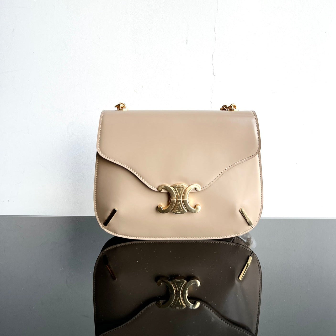 Celine BESACE TRIPHOME 24 BEIGE CREAM GLOSSY CALFSKIN
