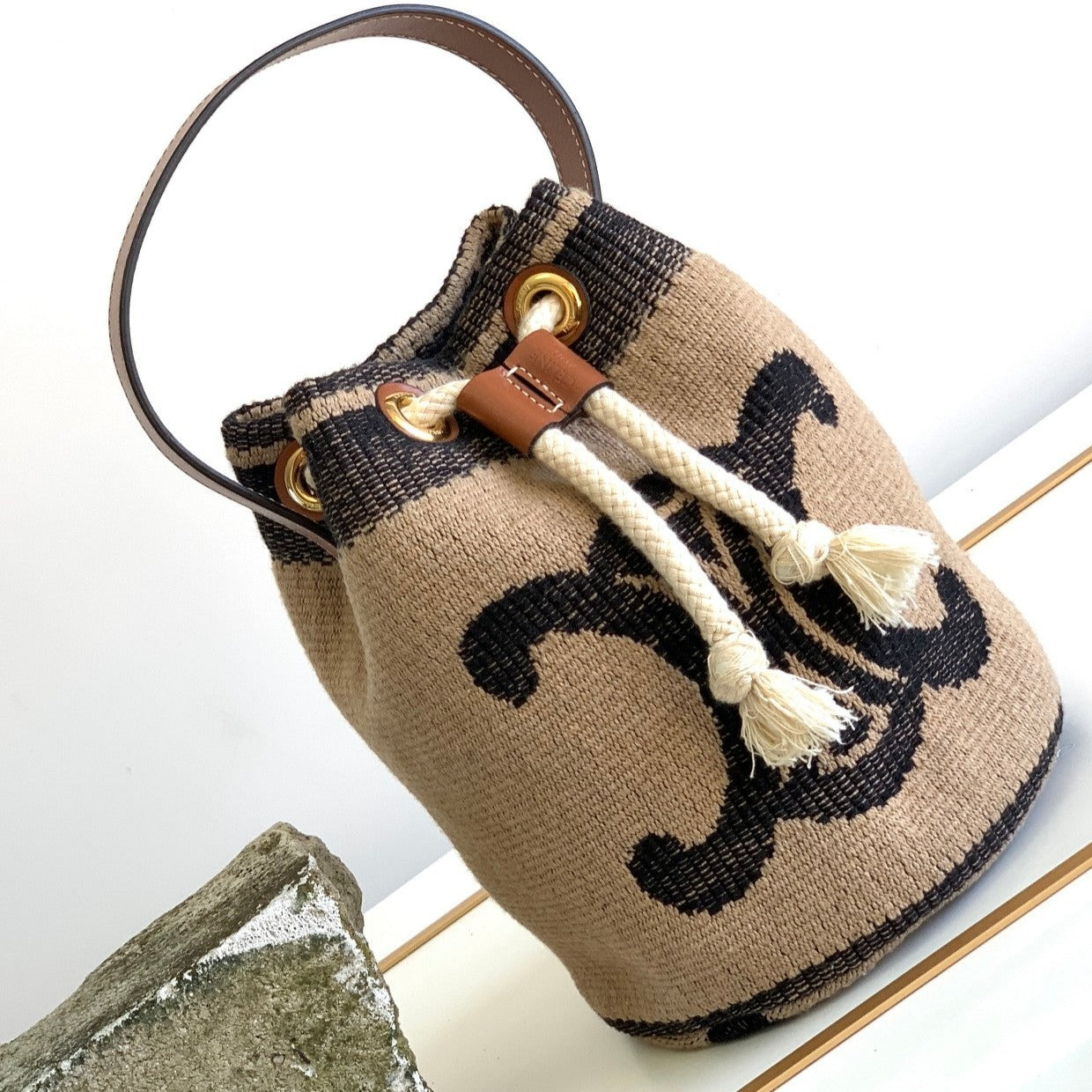 Celine TRIPHOME 19 EMBROIDERED FABRIC BLACK BEIGE