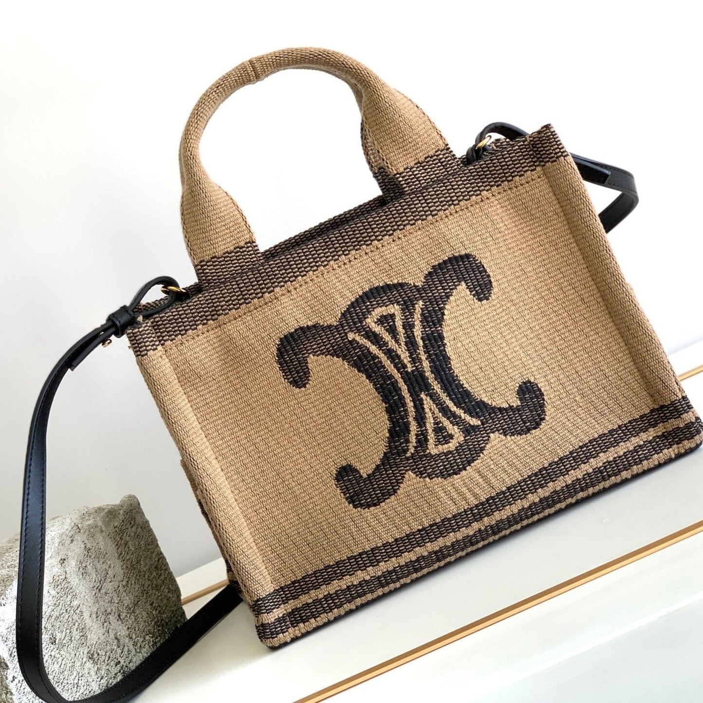 Celine small cabas thais 27cm bown black fabric triomphe embroidery