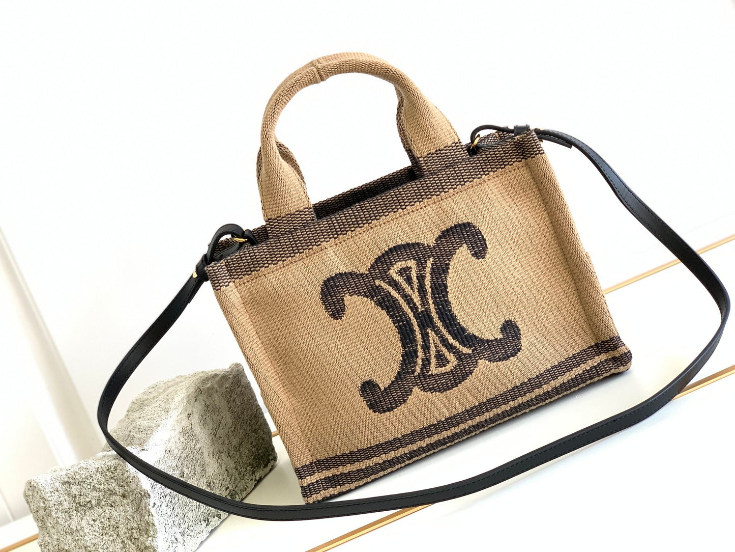 Celine small cabas thais 27cm bown black fabric triomphe embroidery