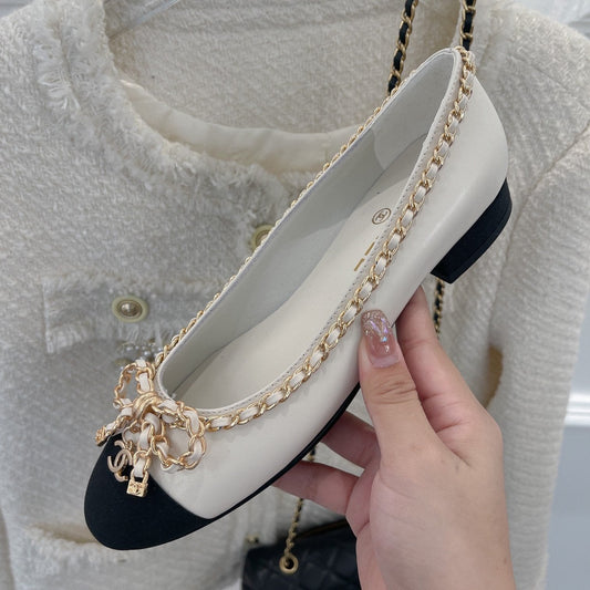 CHANEL Ballet Flats 25mm White Bow Tie Chain Lambskin