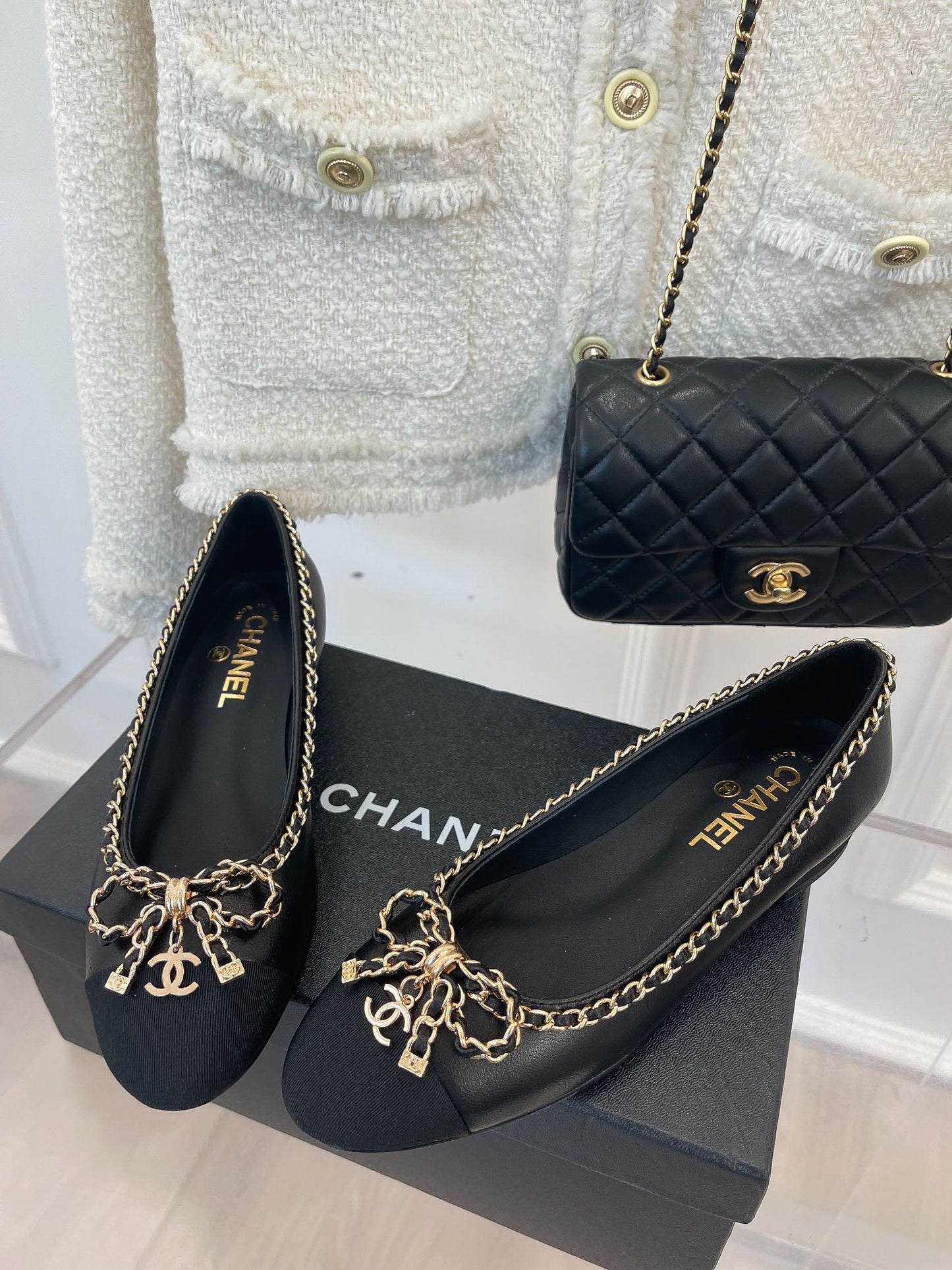CHANEL Ballet Flats 25mm Black Bow Tie Chain Lambskin