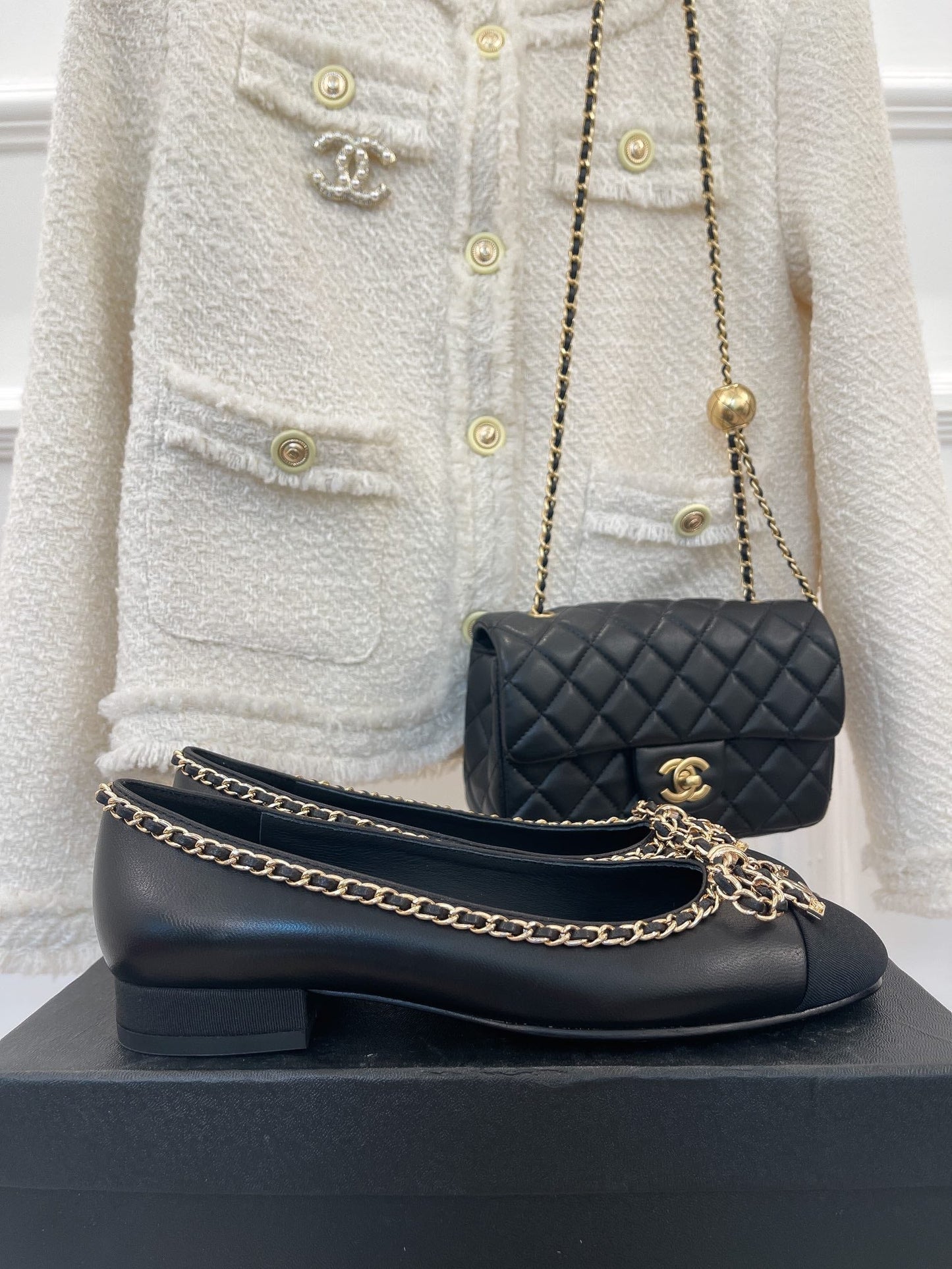CHANEL Ballet Flats 25mm Black Bow Tie Chain Lambskin