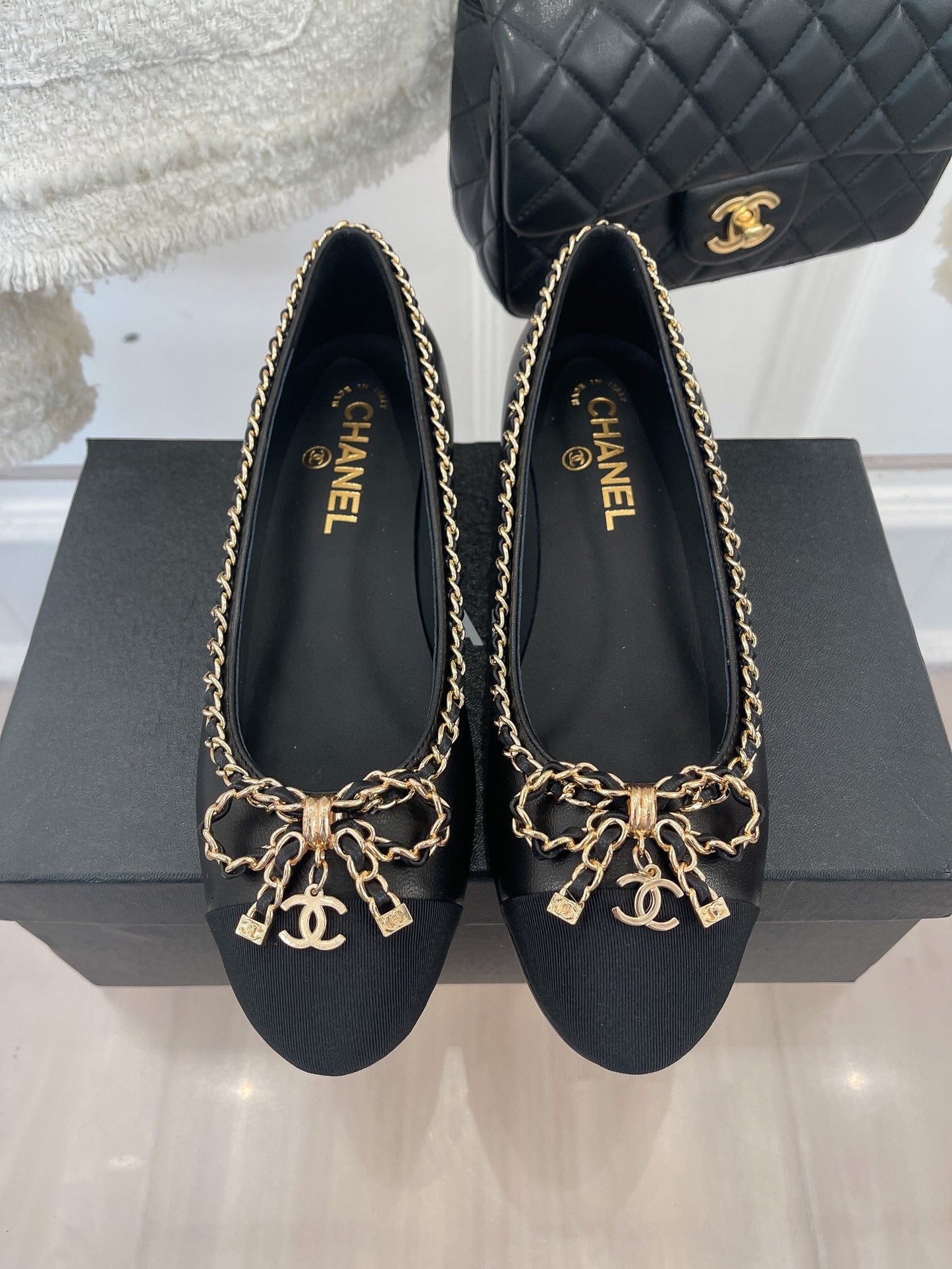 CHANEL Ballet Flats 25mm Black Bow Tie Chain Lambskin