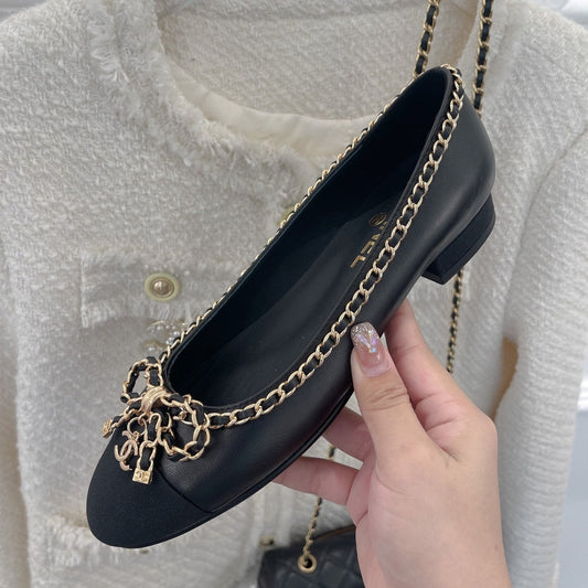 CHANEL Ballet Flats 25mm Black Bow Tie Chain Lambskin