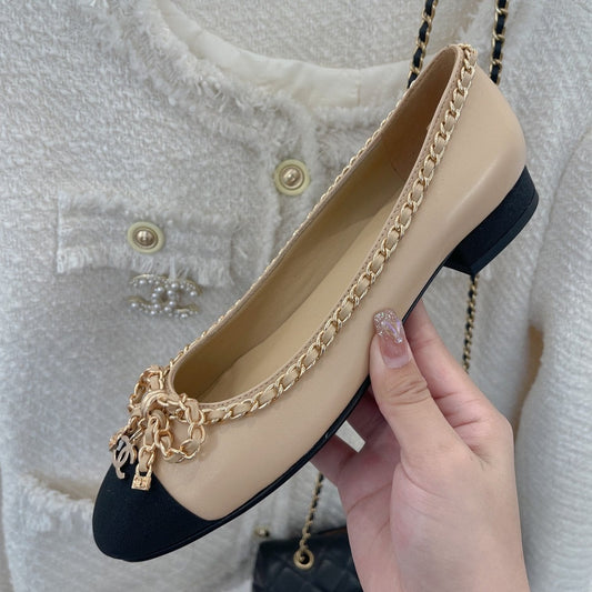 CHANEL Ballet Flats 25mm Beige Bow Tie Chain Lambskin