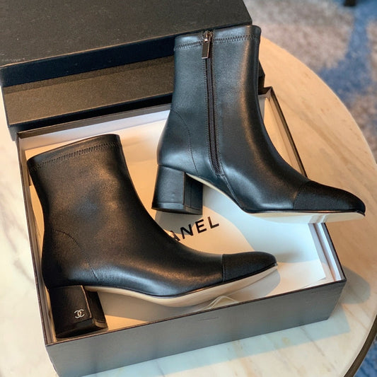 CHANEL Ankle Boots 50mm Black Lambskin And Lycra Fabric 940057
