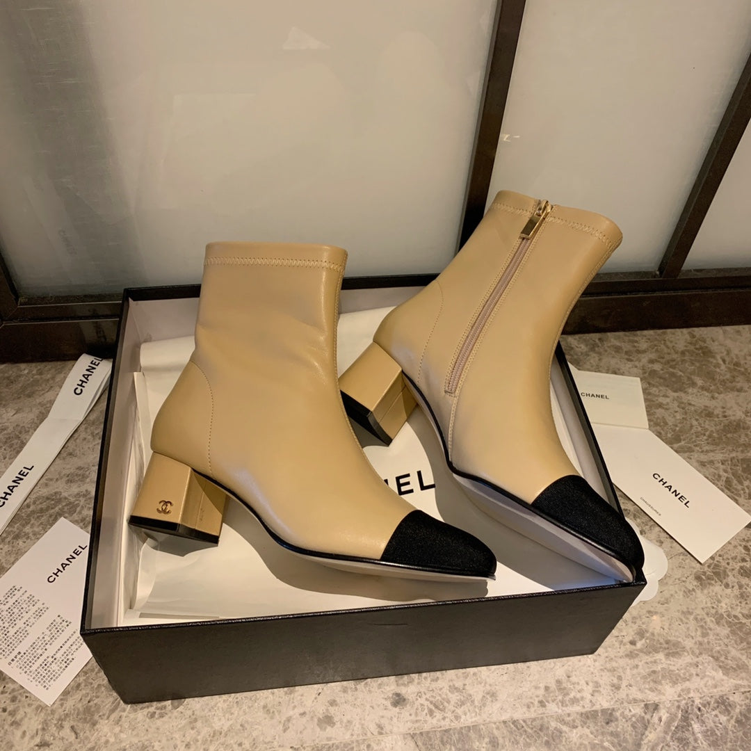 CHANEL Ankle Boots 50mm Beige Lambskin And Lycra Fabric 940058