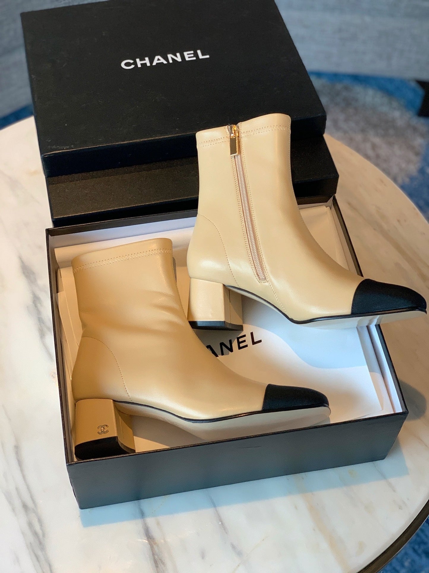 CHANEL Ankle Boots 50mm Beige Lambskin And Lycra Fabric 940058