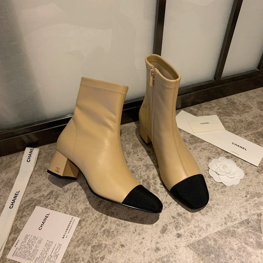 CHANEL Ankle Boots 50mm Beige Lambskin And Lycra Fabric 940058