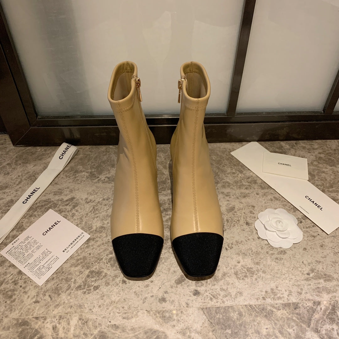 CHANEL Ankle Boots 50mm Beige Lambskin And Lycra Fabric 940058
