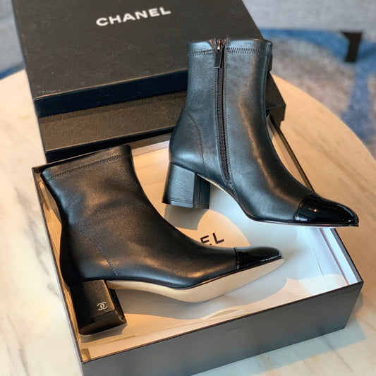 CHANEL Ankle Boots 50mm Black Lambskin And Glossy Cowhide 940059
