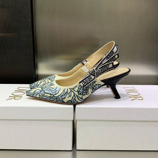 DIOR JA DIOR Slingback Pump 65 Duck Blue Embroidered Cotton with Gold-Tone Metallic Thread