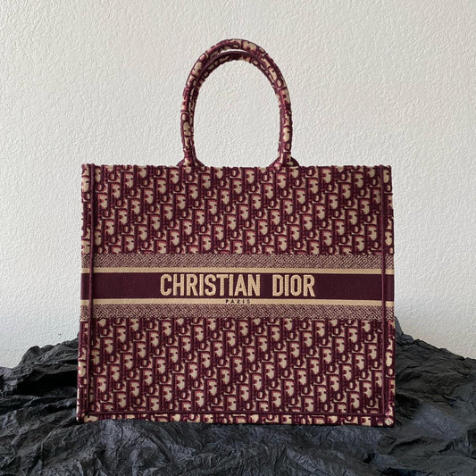 DIOR Large Book Tote 42cm Burgundy Retro Style D Letter Embroidery
