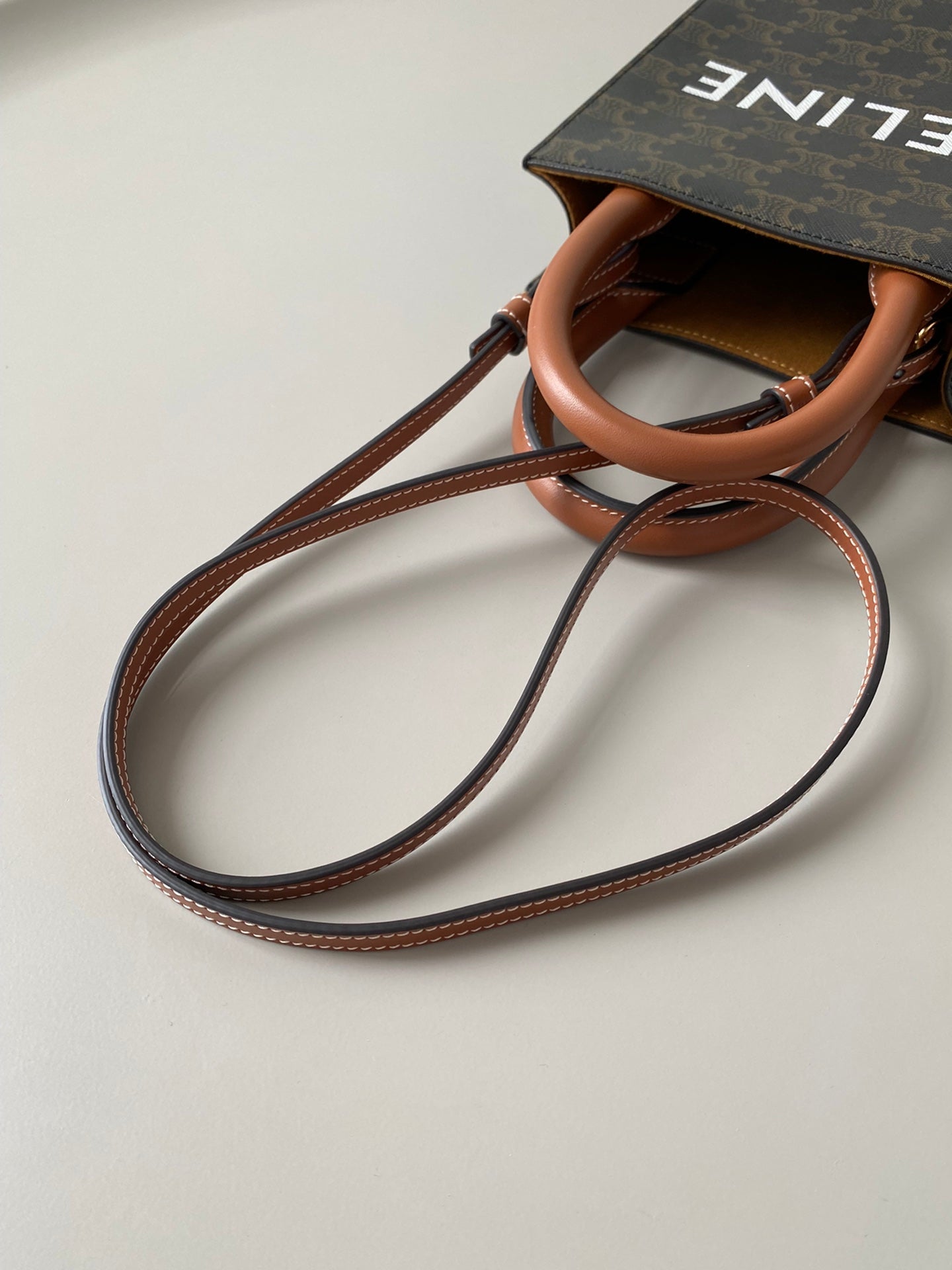 Celine mini vertical cabas 17 black triomphe canvas tan calfskin