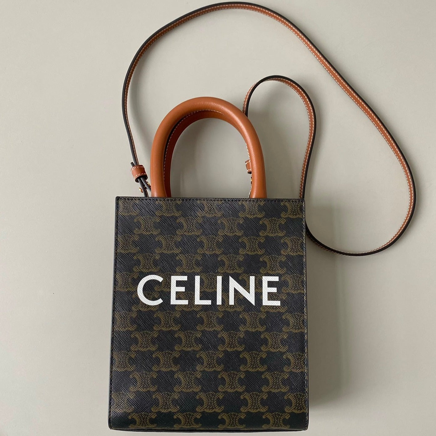 Celine mini vertical cabas 17 black triomphe canvas tan calfskin
