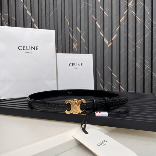 Celine CL TRIOMPHE 25 MM BELT IN BLACK CALFSKIN GOLD HARDWARE