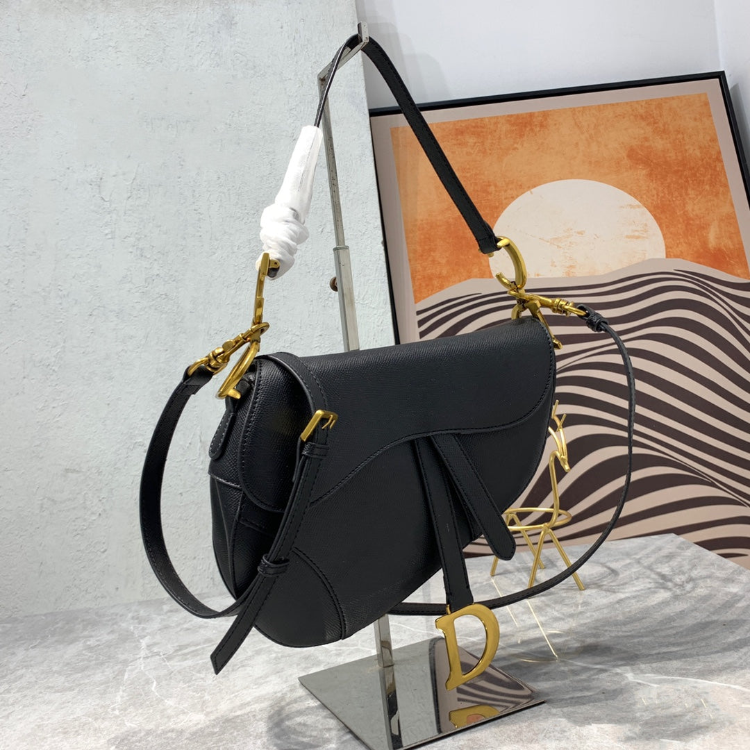 DIOR Saddle Bag Strap Warm Taupe Grained Black Calfskin