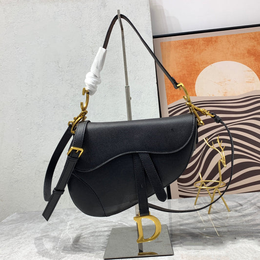 DIOR Saddle Bag Strap Warm Taupe Grained Black Calfskin