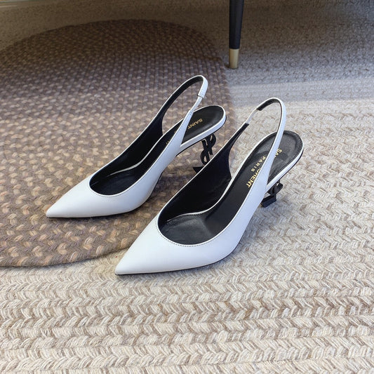 Saint Laurent OPYUM BLACK HEEL SLINGBACK PUMPS IN WHITE SMOOTH LAMBSKIN