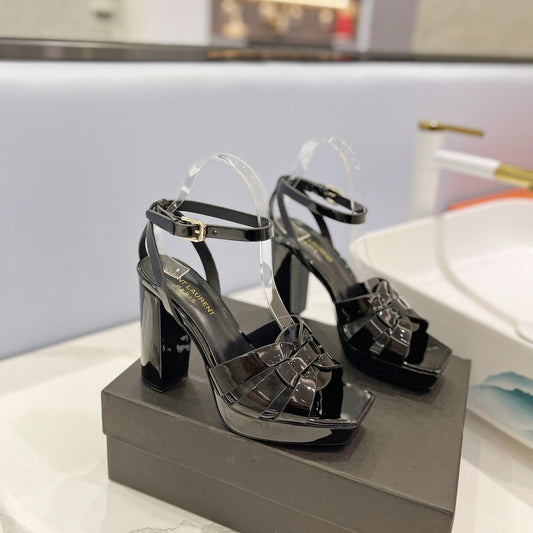 Saint Laurent SL TRIBUTE FLATFORM SANDALS GLOSSY BLACK CALFSKIN